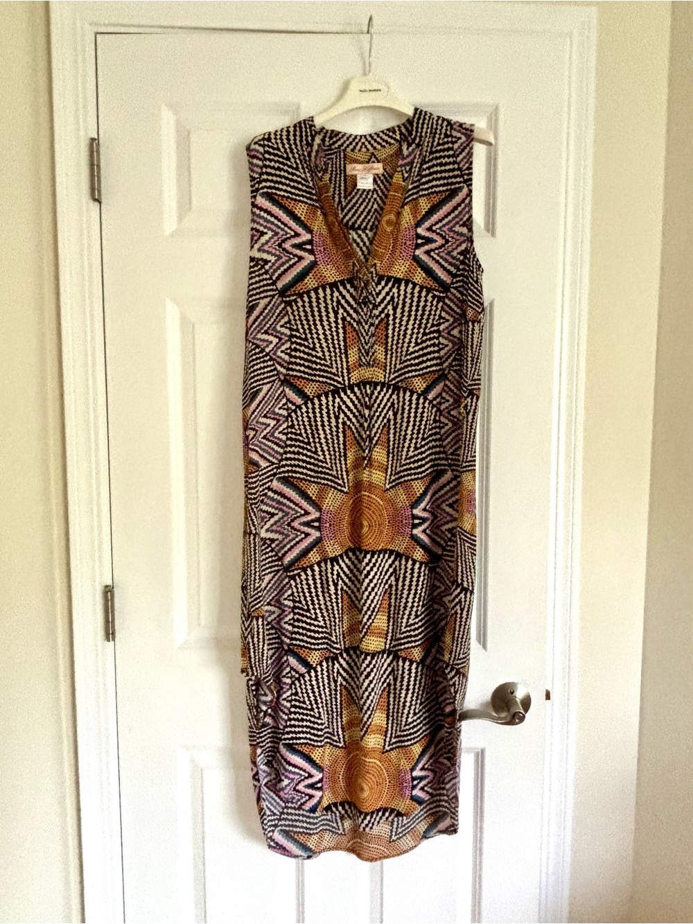 Mara Hoffman Sleeveless Geometric Midi Dress in Black, Purple & Gold